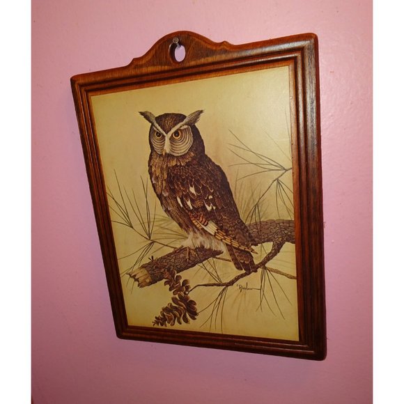 Vintage E Rambow Great Horned Owl Art on Wood Wall Hanging bird of prey plaque - Picture 3 of 10